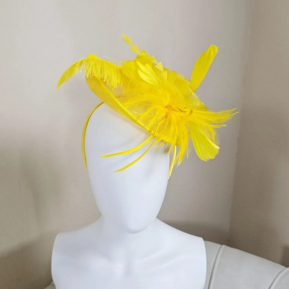 Yellow Fascinator Headband Hair Clip Feathers & Flower Kentucky Derby Tea Party
